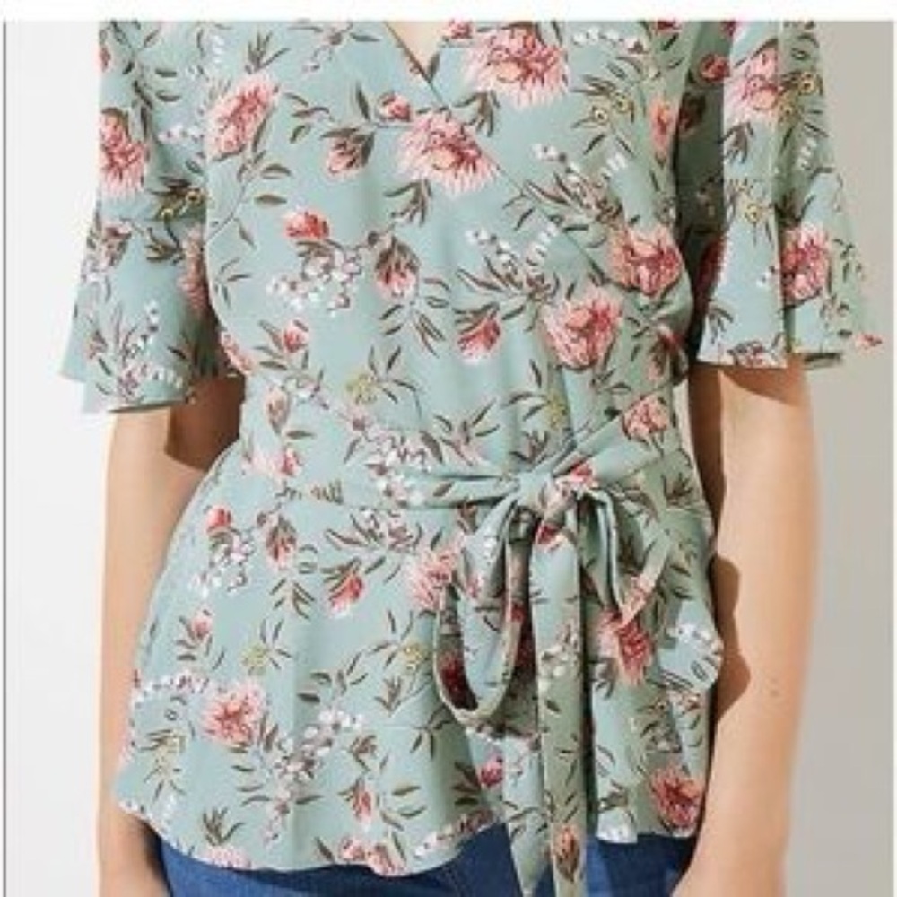 LOFT Floral Wrap Blouse in Green and Pink